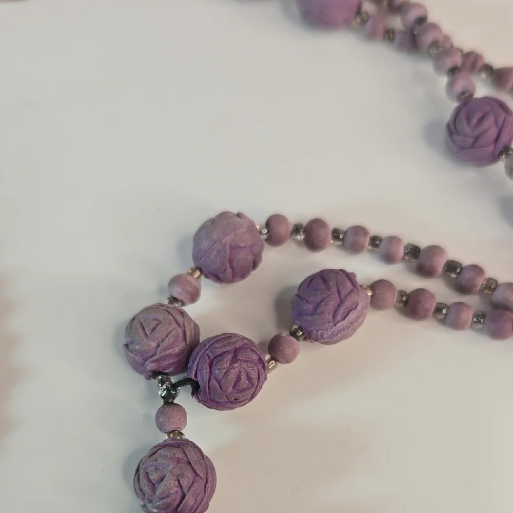 Vintage Crushed-Rose Petal Lavender Bead Necklace Tassel Flapper Victorian
